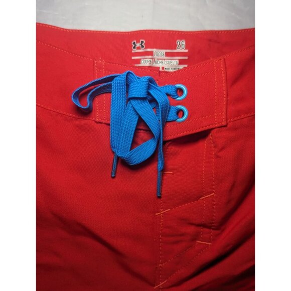 Under Armour Rigid Boardshorts Swim Trunks Solid Red Logo Size 26 Loose - Picture 3 of 12